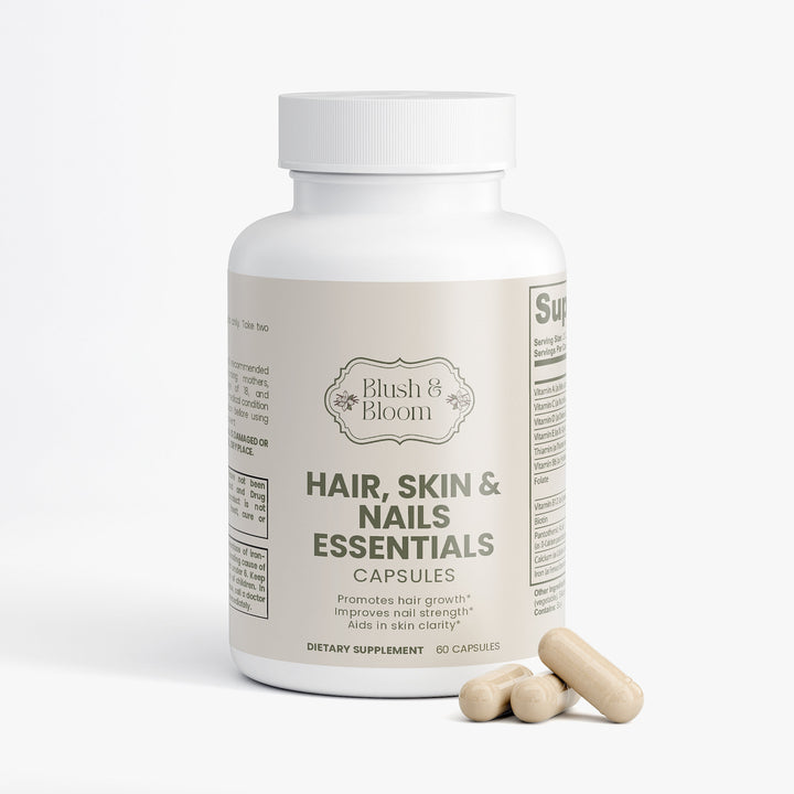 Suppliment Bottle Of Hair, Skin and Nails Essentials, Daily Vitamins For Healthy Hair, Skin & Nails By Blush And Bloom Care US