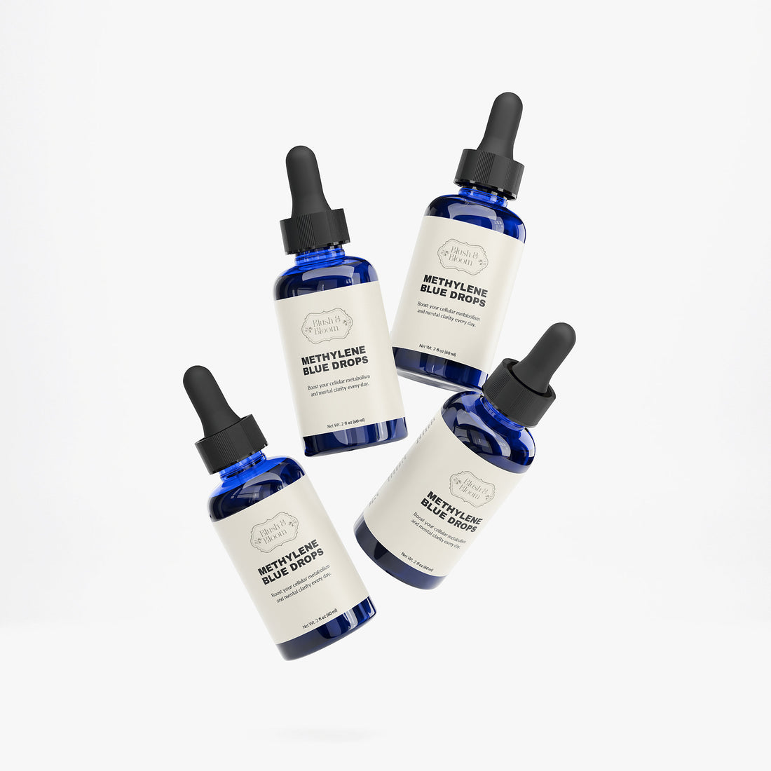 Bottles of Methylene Blue Drops on a white background By Blush And Bloom Care Store USA