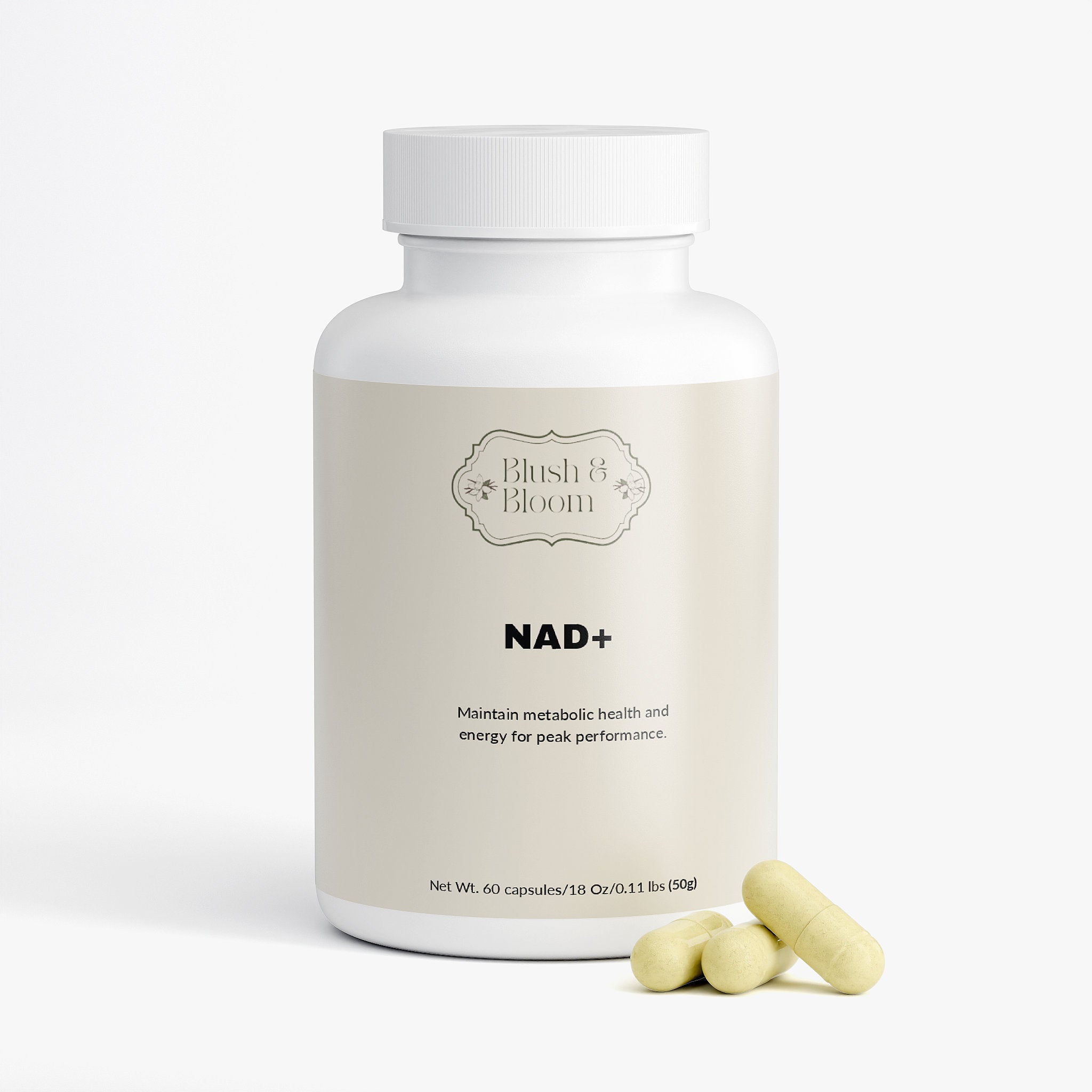 Supplement bottle labeled 'Blush & Bloom NAD+' with capsules on a white background