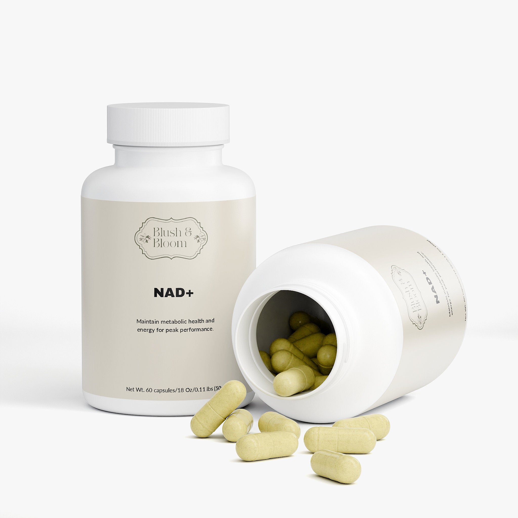 Supplement bottle With Capsules Of 'NAD+' By Blush And Bloom Care Beauty Store US