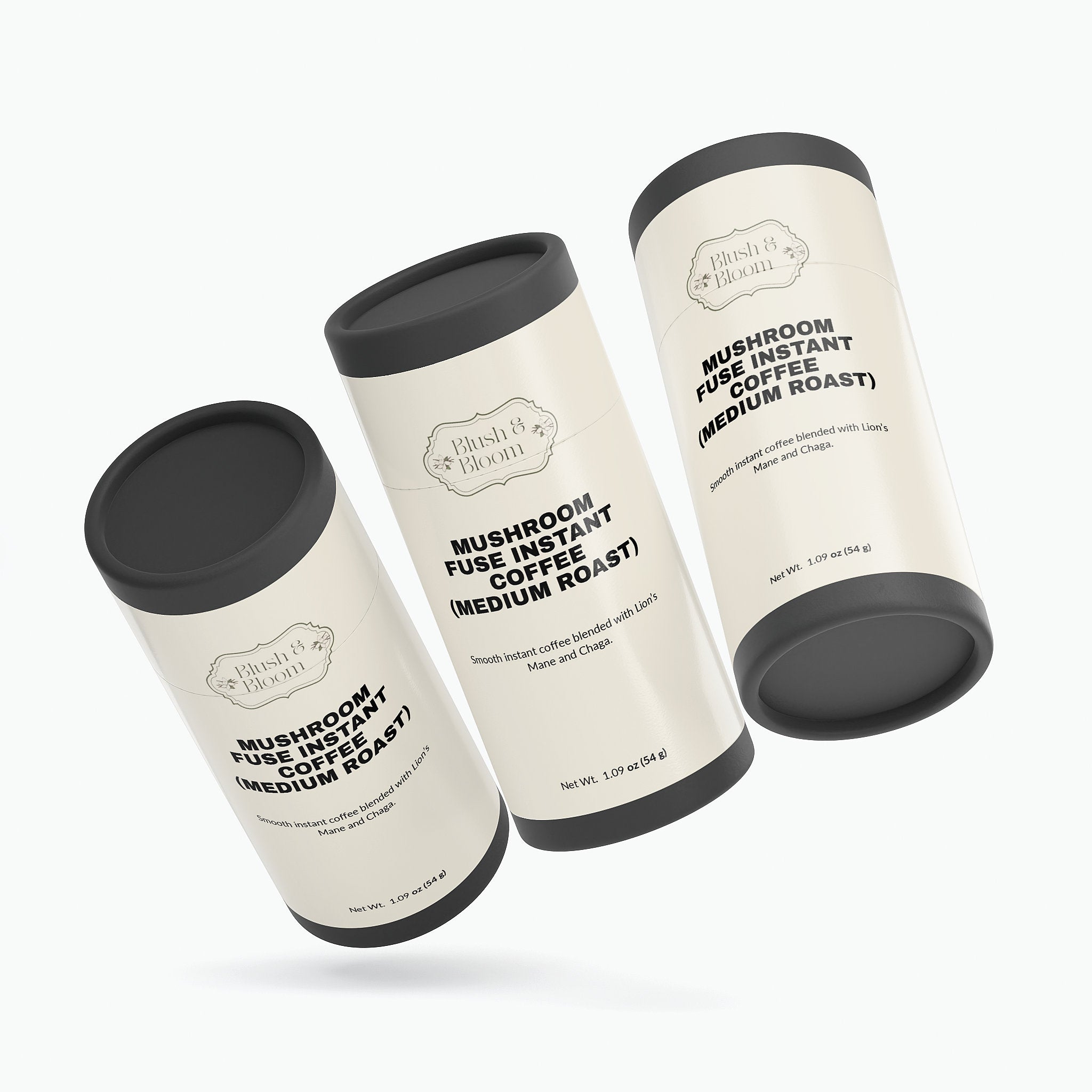Three cylindrical containers Of Mushroom Fuse Instant Coffee By Blush And Bloom Care Beauty Store USA