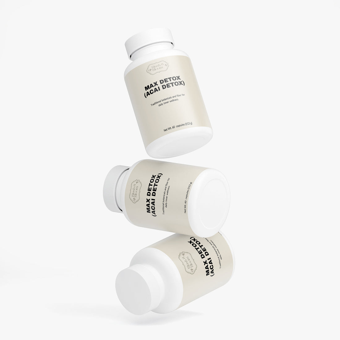 Three bottles of 'Max Detox Acai Detox' By Blush And Bloom Care US