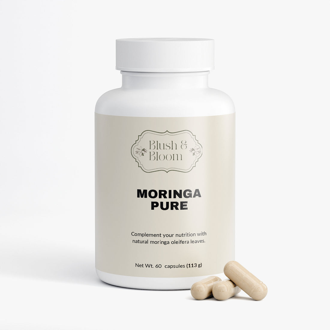 Bottle of Blush & Bloom Moringa Pure supplement with capsules By Blush And Bloom Care US