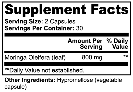 Supplement facts label Of Moringa Pure Suppliment by Blush And Bloom Care US
