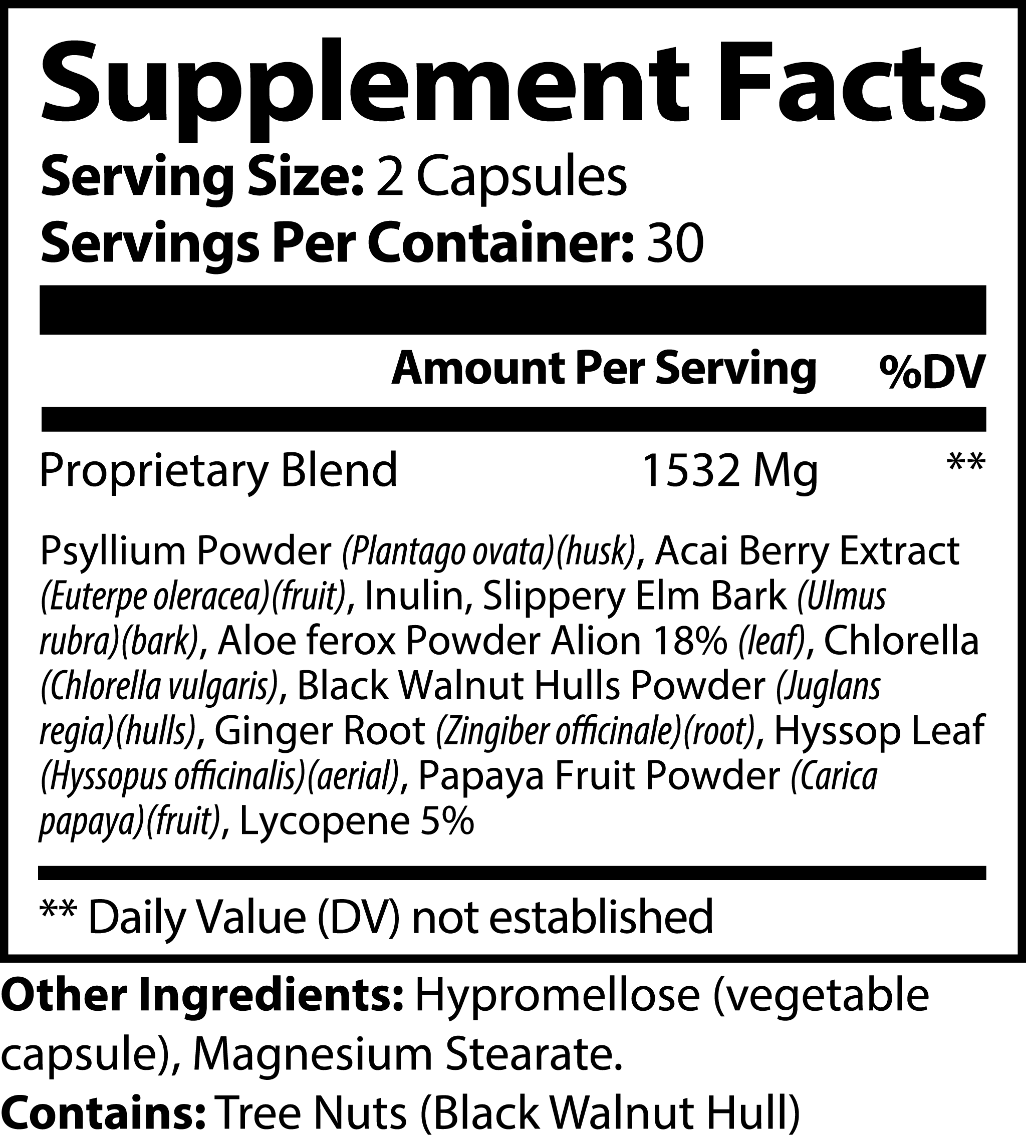 Supplement facts Of Two Beige Capsules Of Max Detox (Acai detox) By Blush And Bloom Care USA