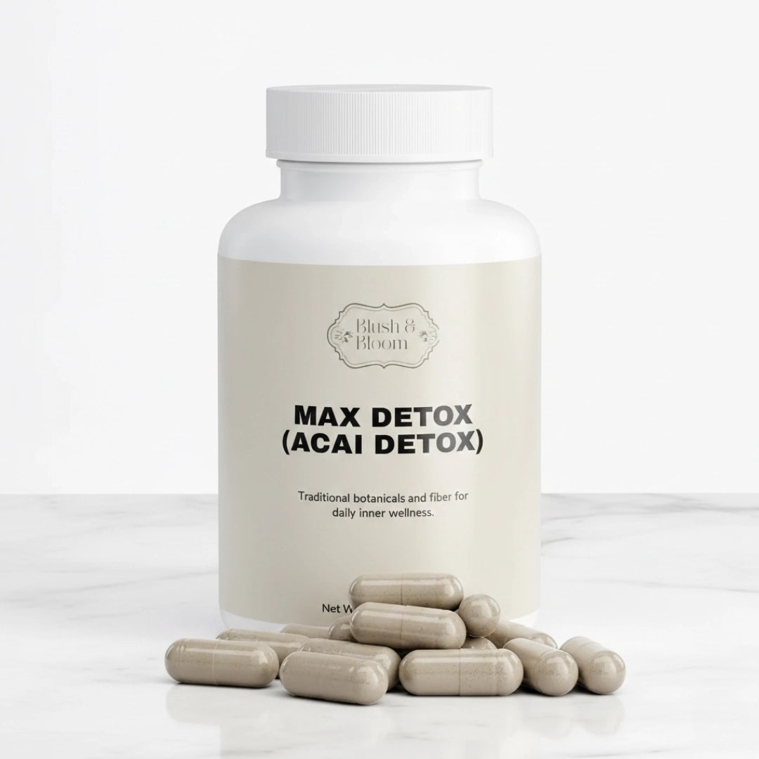 Max Detox Acai Detox supplement bottle By Blush And Bloom Care USA