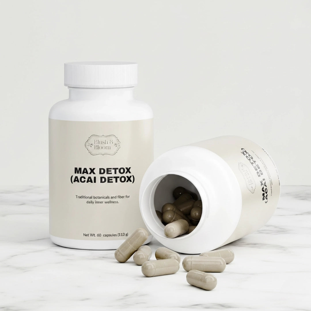 Max Detox Acai Detox Supplement bottle By Blush And Bloom Care USA