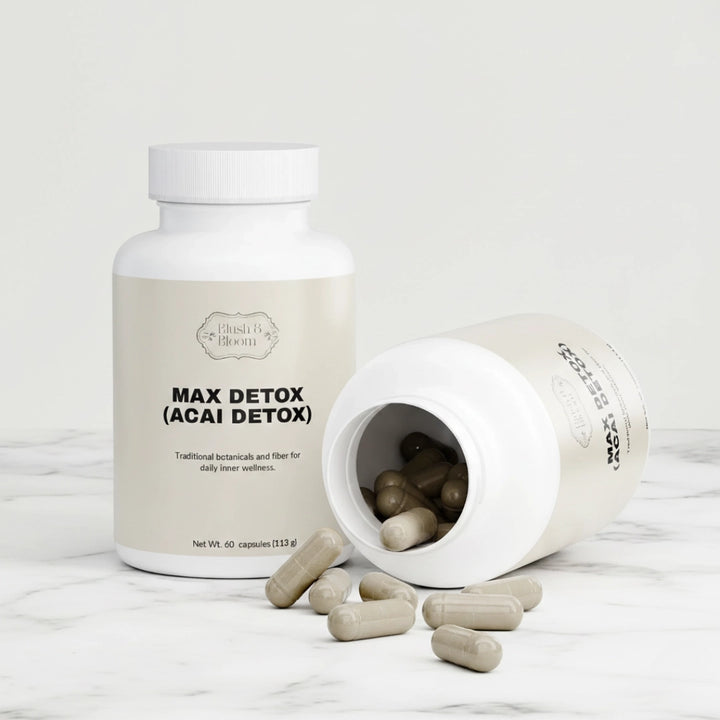 Max Detox Acai Detox Supplement bottle By Blush And Bloom Care USA